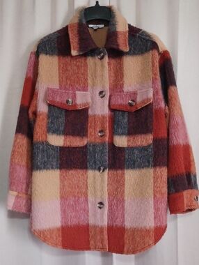 Polagram Fuzzy Plaid Checked Teddy Shacket Chore Jacket Button Front Earthtones